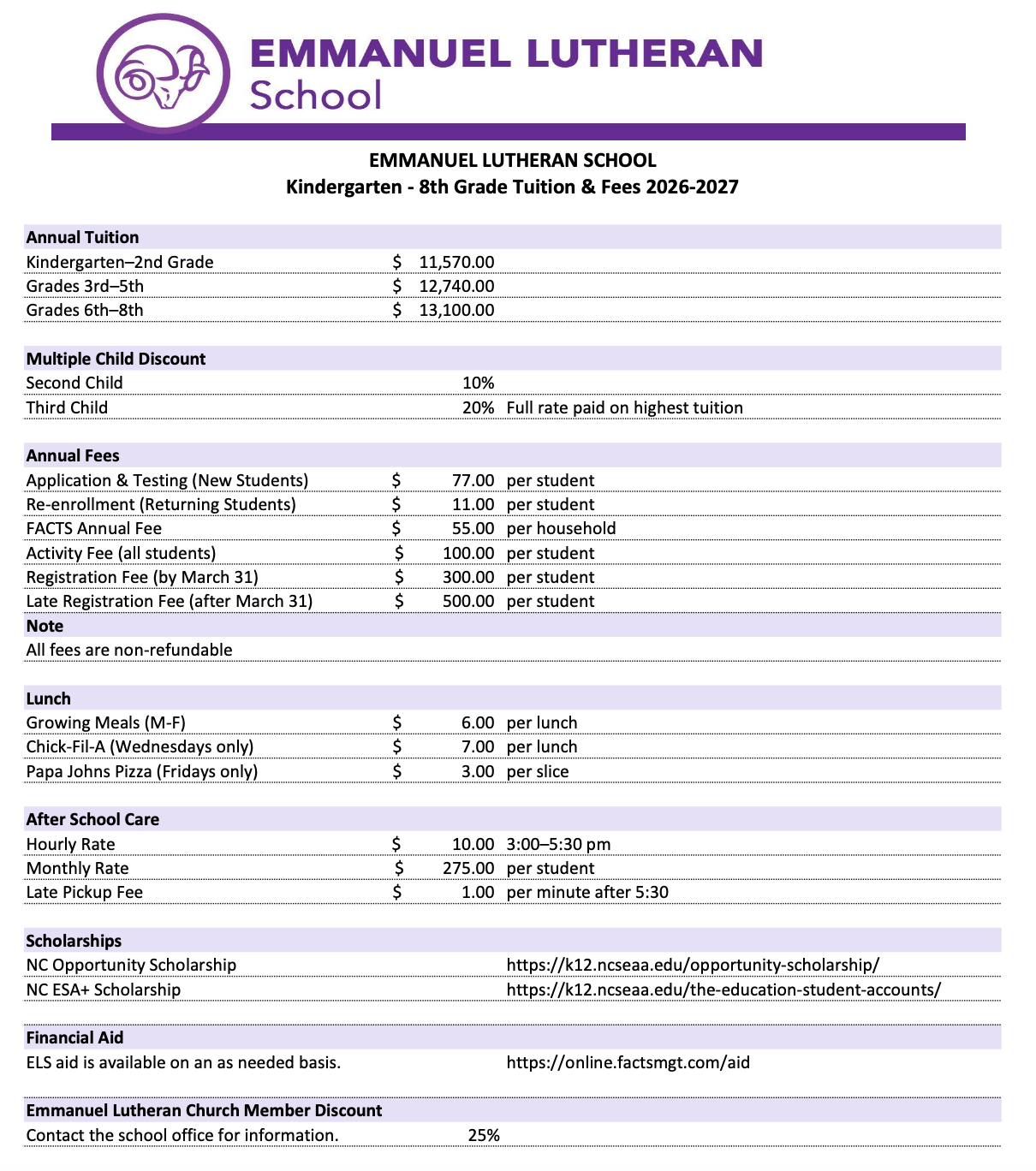 2025-2026 Tuition Rates